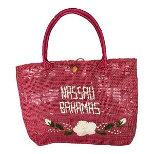 Dark Pink Bahamas Straw Floral Embroidered Summer Beach Bag Woven Market Tote